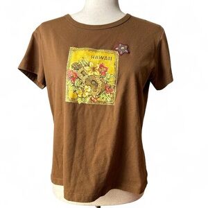 Hawaii Graphic Tee - Brown Floral Patch Women’s Top